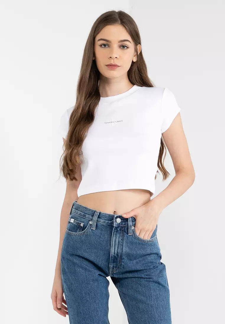 【CK JEAN】Women's Logo Baby Crop T-shirt★送料・関税込★ PUFF LOGO SHRUNKEN TEE IN COTTON JERSEY in WHITE