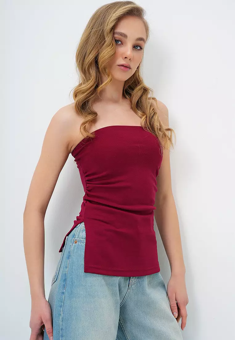 Women's Burgundy Strapless Side Slit Steel Knit Blouse Alc-X13752