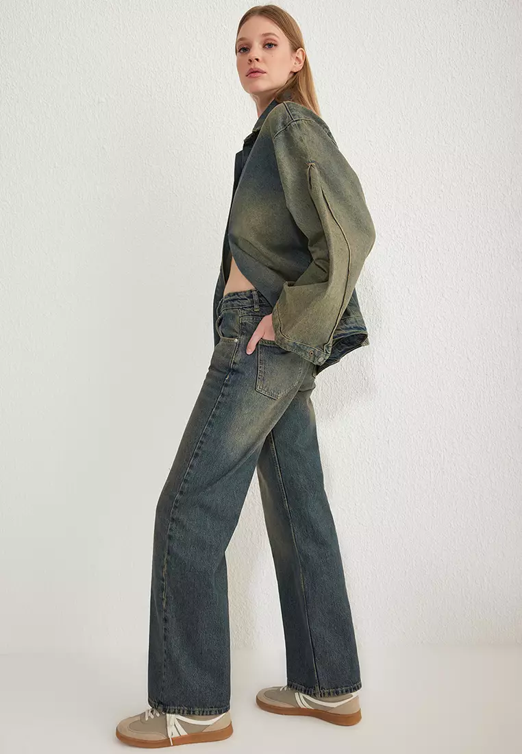 Dark Blue Vintage Wash Effect Low Waist Wide Leg Jeans
