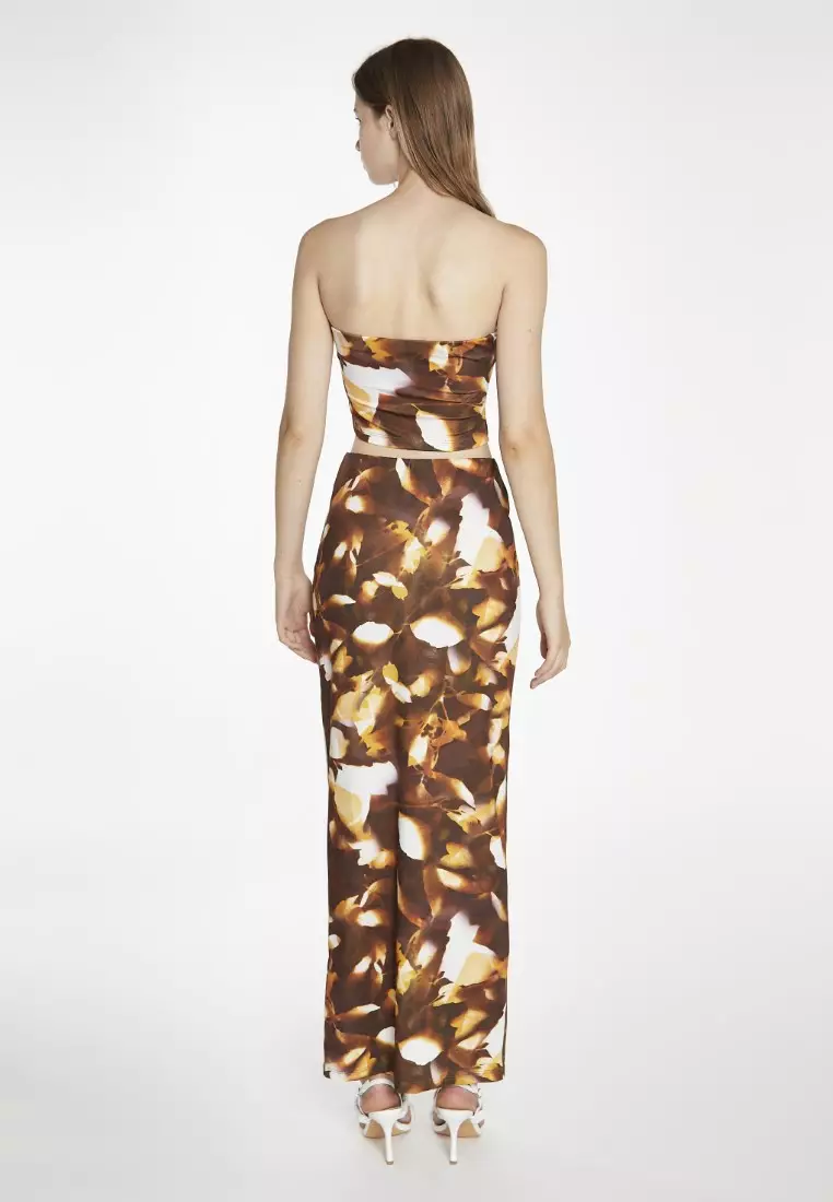 Brown Digital Leaf Bodycon Maxi Skirt