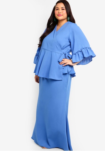 Ruffles Sleeves Wrap Kurung Set from Lubna in Blue