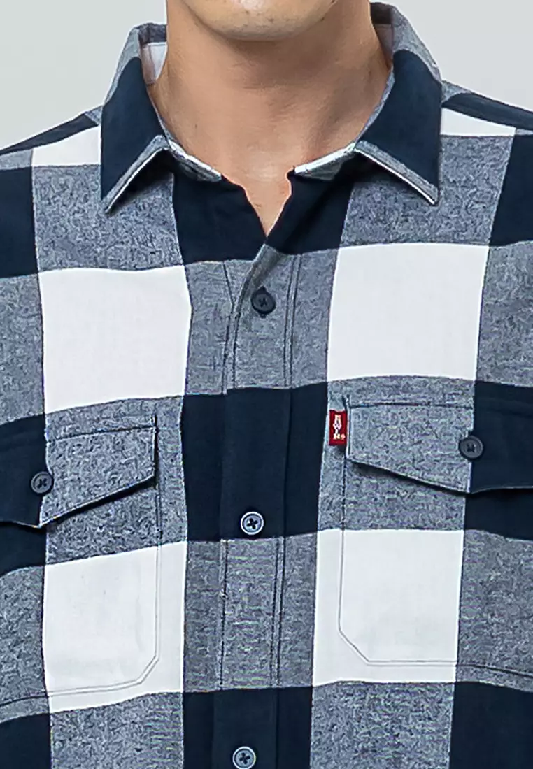 BASTIEN - NAVY WHITE Kemeja Flanel Casual Pria Lengan Panjang LS Top Man Shirt