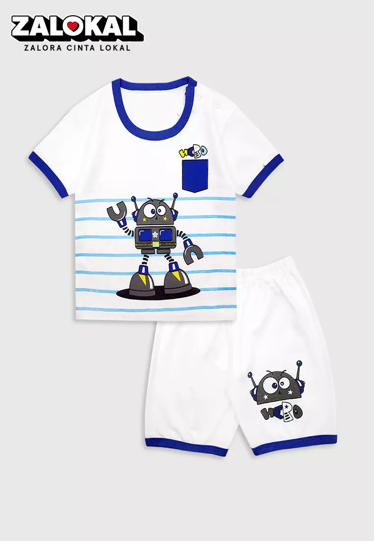 Wakakids Baju Bayi Anak Laki Laki Motif Robot Setelan Kaos Usia 6 Bulan Hingga 12 Bulan 4078 Biru Tua