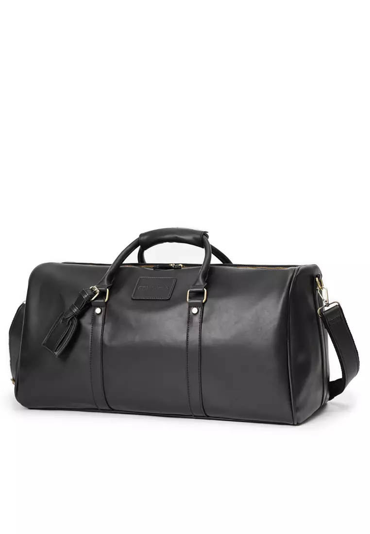 Black faux leather duffle bag discount