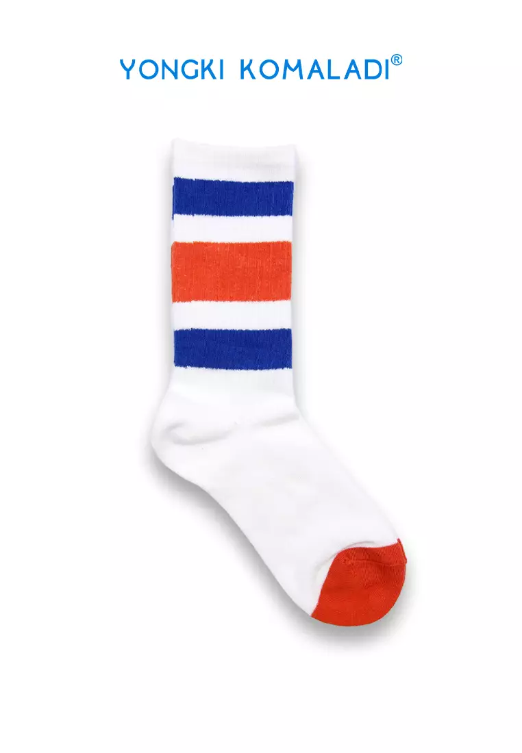 YONGKI KOMALADI KAOS KAKI MOTIF STRIPE BESAR OLDSCHOOL WARNA SOCK04 PUTIH ORANGE