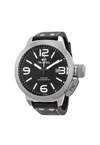 Canteen steel case 3 hands date - Black dial Black leather strap