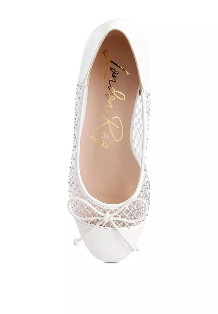 Rhinestone Detail Mesh Ballerinas in White