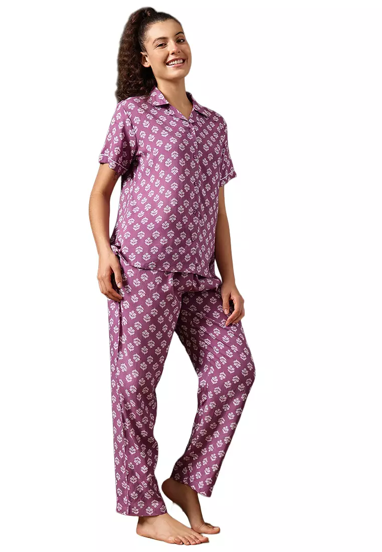 Clovia Floral Print Button Down Night Suit in Aubergine Colour - Rayon