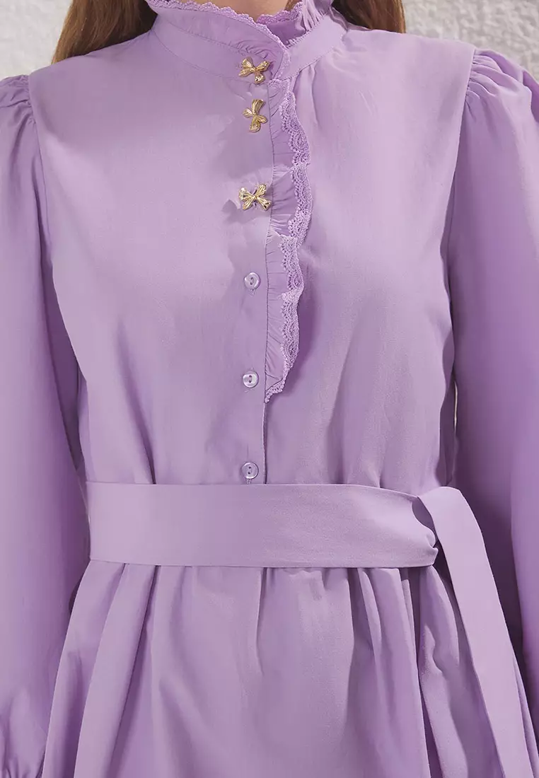 Lilac Gold Ribbon Bow Accessory Buttoned Cotton Woven Dress Tctss25Eb00100