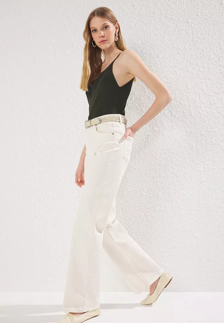 Ecru High Waist Wide Leg Jeans TWOAW25JE00309