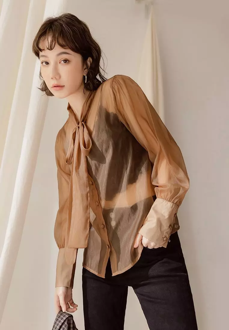 Sexy Sheer Mesh Open-Front Shirt with Front Tie Bow [AB17971]