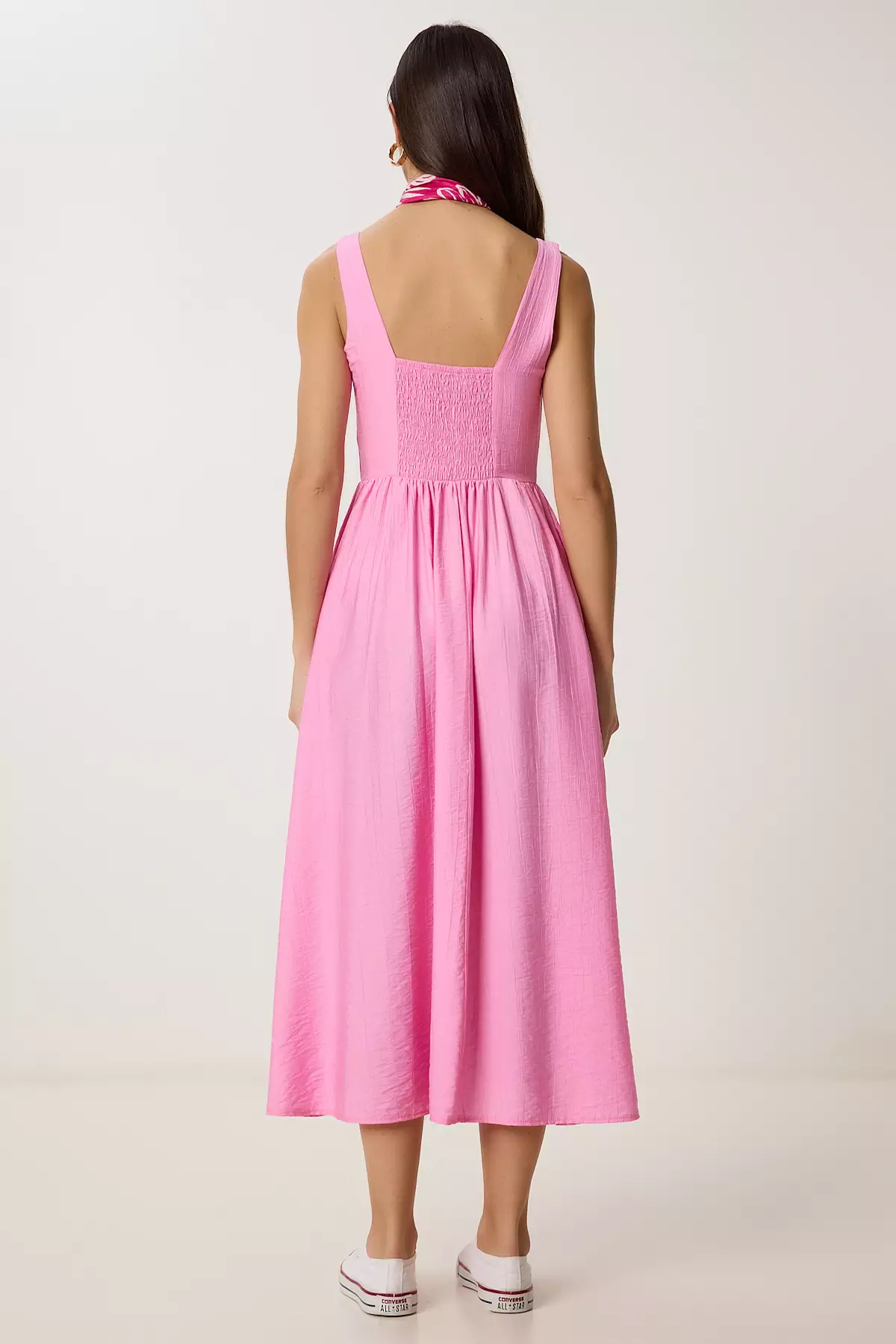 Women's Pink Wrinkle Effect Flared Woven Dress Ub00339