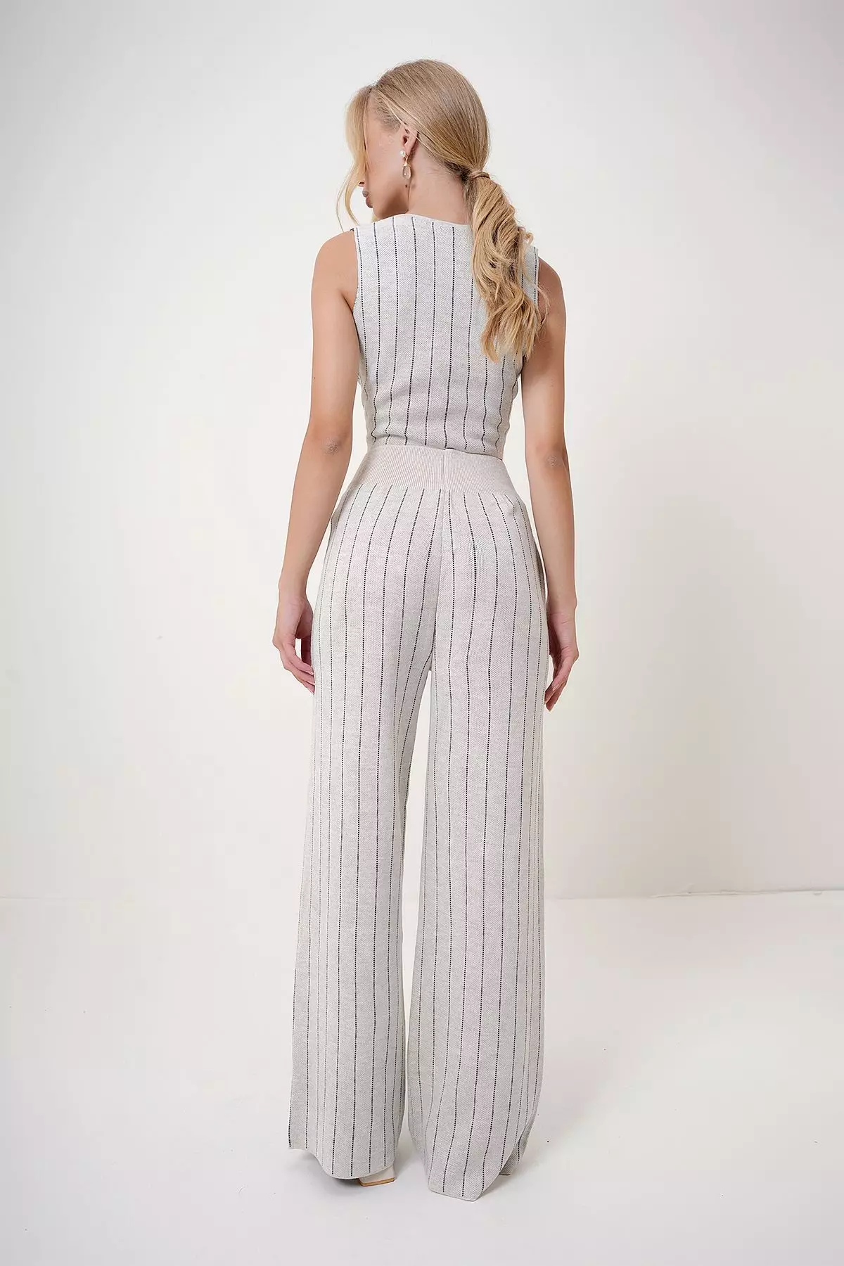 Women's Cream V-Neck Buttoned Vest and Elastic Waistband Trousers Striped Knitwear Two Piece Set