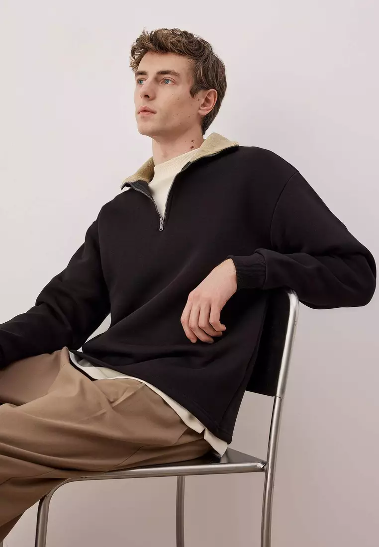 Black Collar Detailed Stand Collar New Oversize/Wide Cut Thick/Fleece Lined Sweatshirt Tmnaw26Sw00003