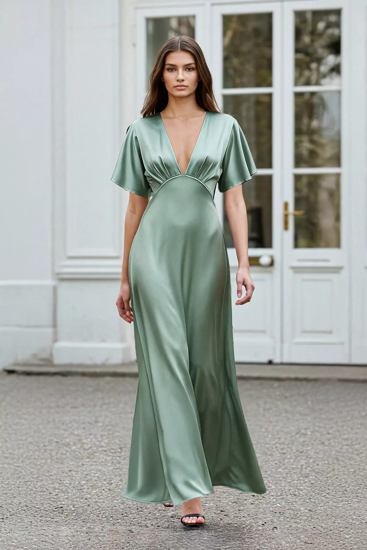 Mint V Neck Satin Maxi Evening Dress