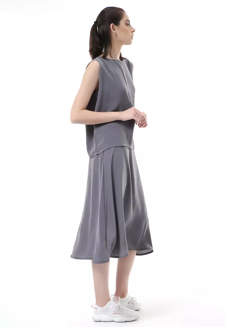 Nayra Set Atasan Wanita Setelan Tanpa Lengan with Long Skirt Motif Polos Material Chiffon Cathy ORIGINAL - Dusty Blue