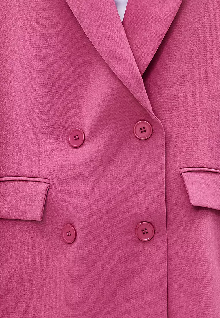 Pink Regular Lined Double Breasted Closure Woven Blazer Jacket