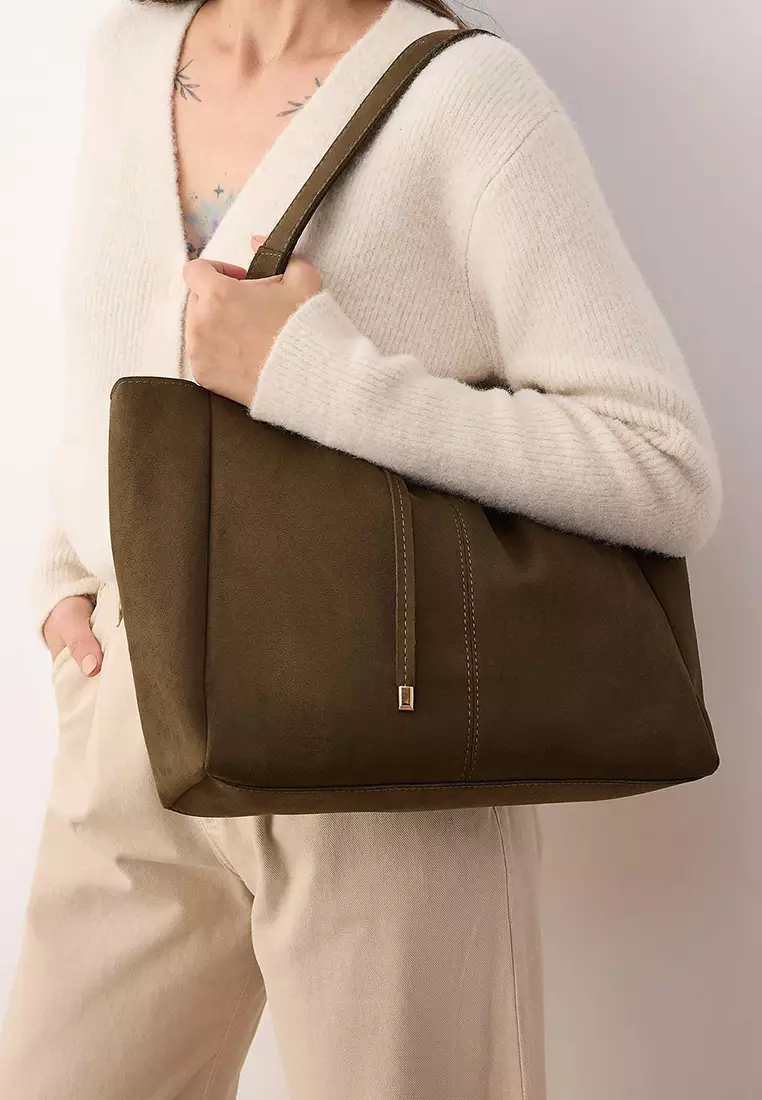 Khaki Suede Tie Detailed Midi Women's Tote Shoulder Bag