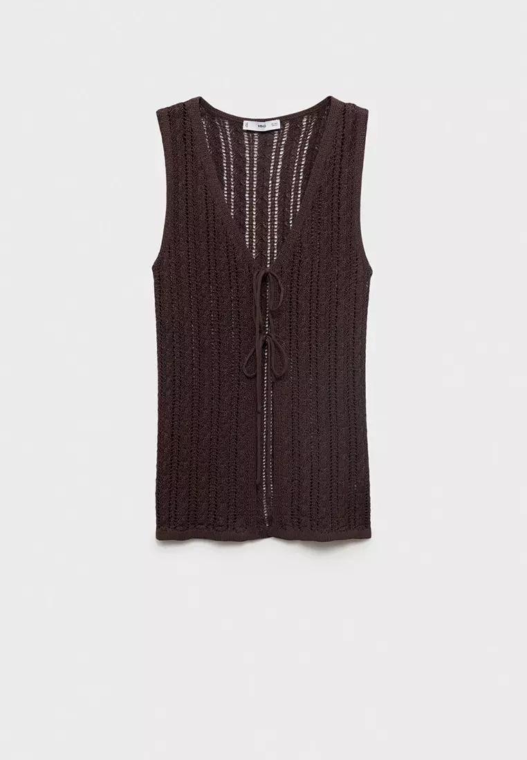 Openwork Knitted Waistcoat With Bow Closure