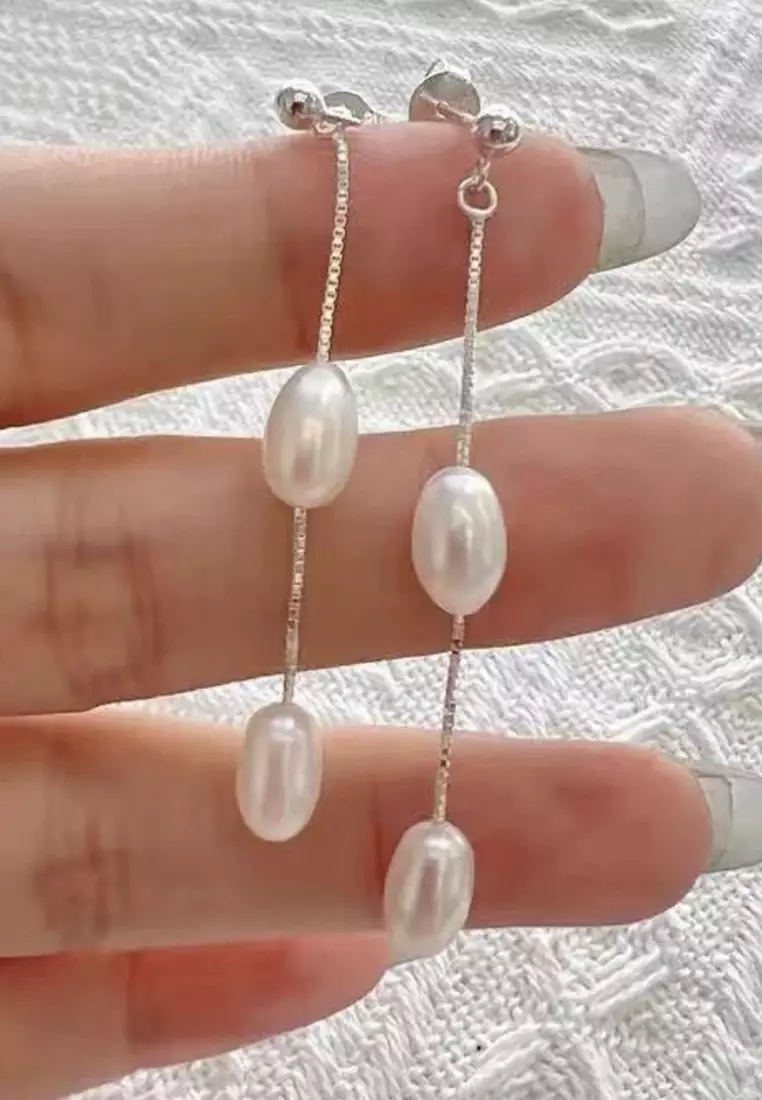 925 Silver Drop Chain Freshwater Pearl Earrings JW AR-M05161
