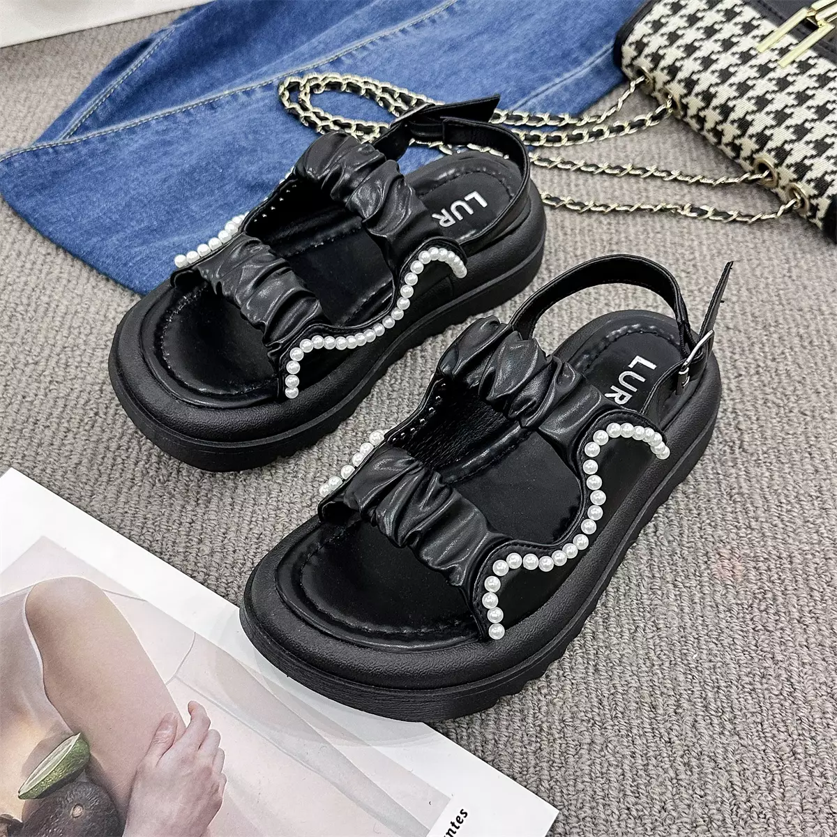 Sandal Flat Kaki Lebar Motif Mutiara Wanita Sendal Cewek WL210