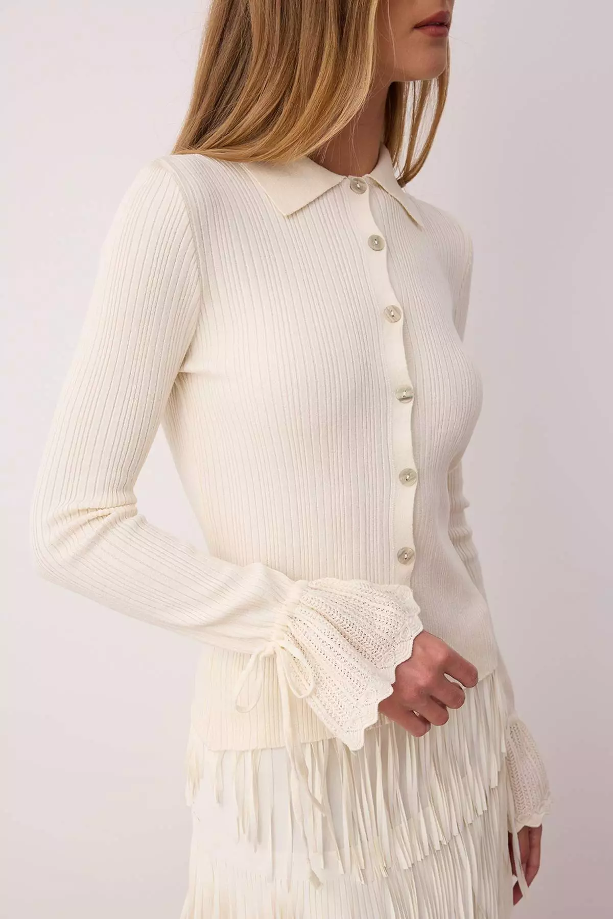 Ecru Mercerized Look Ribbed Polo Neck Knitwear Cardigan