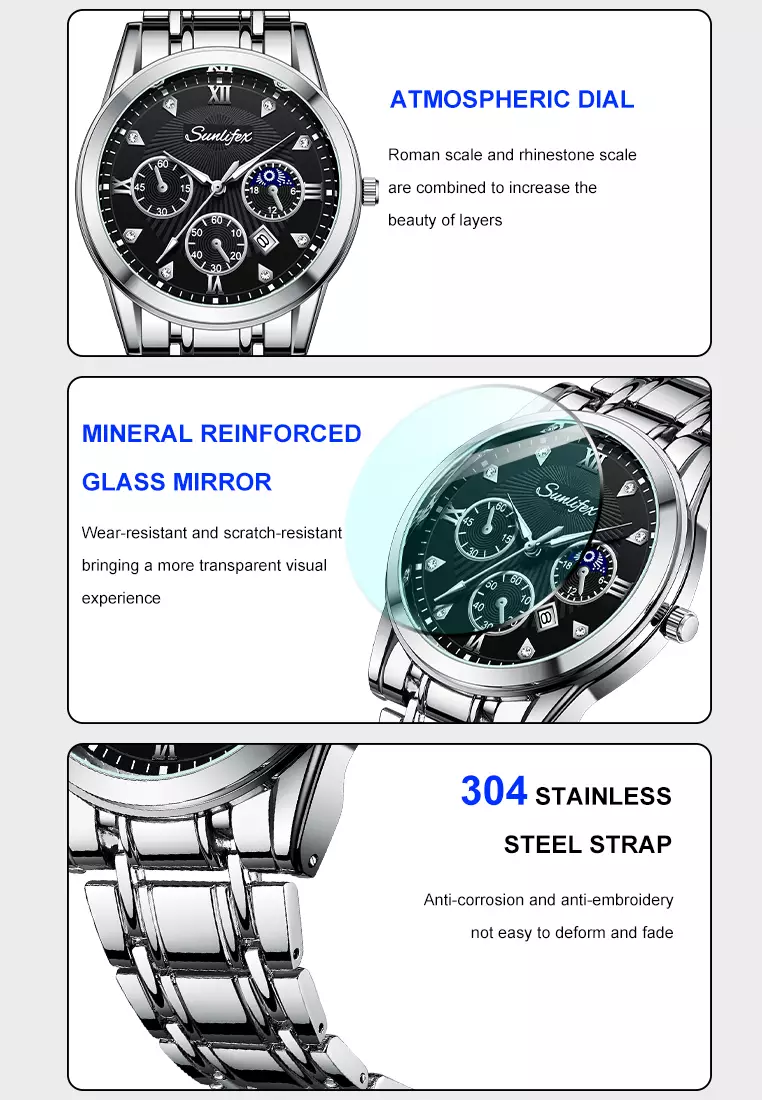 Jam Tangan Pria Original 9004A Kuarsa Calendar Tali Stainless Steel Mode Santai Jam Tangan Cowok silver black