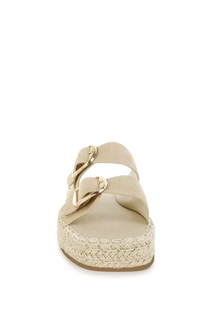 米色真皮軟皮帆布平底涼鞋