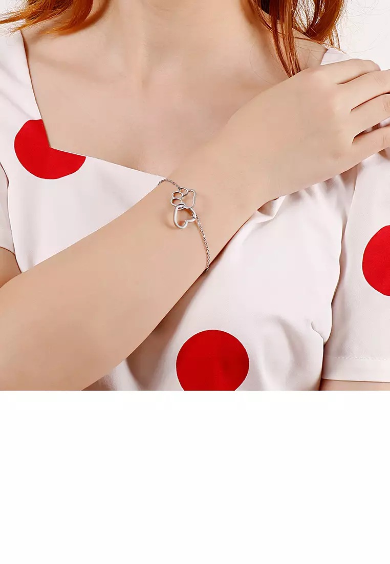 Simple and Cute Hollow Heart-shaped Cat Paw Footprint 316L Stainless Steel Bracelet