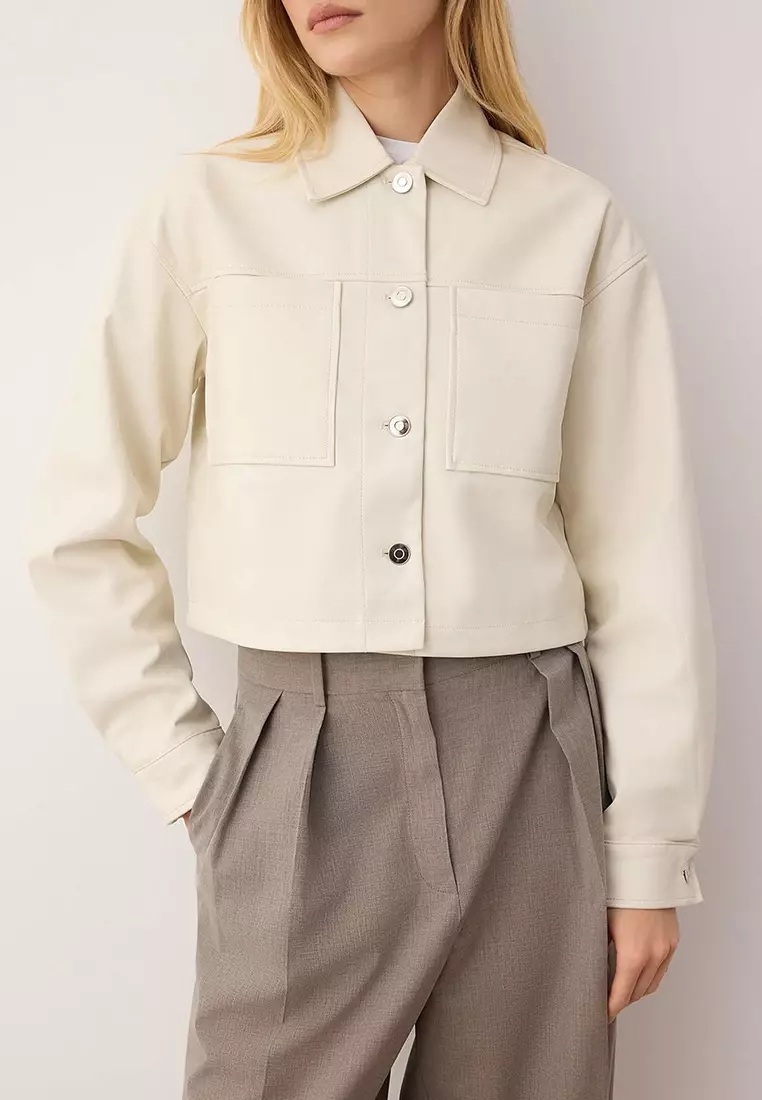 Ecru Regular Fit Faux Leather Slim Jacket Coat