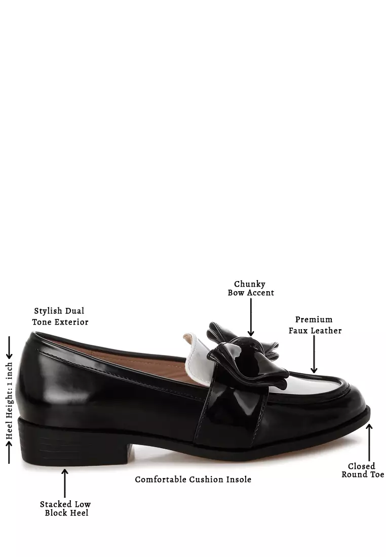 Sepatu Loafer Chunky Bow Klasik Warna Hitam/Putih