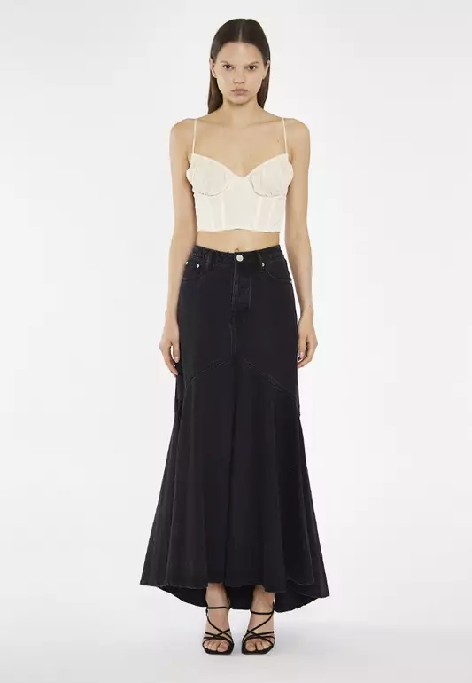 Washed Black Denim Fishtail Maxi-Skirt