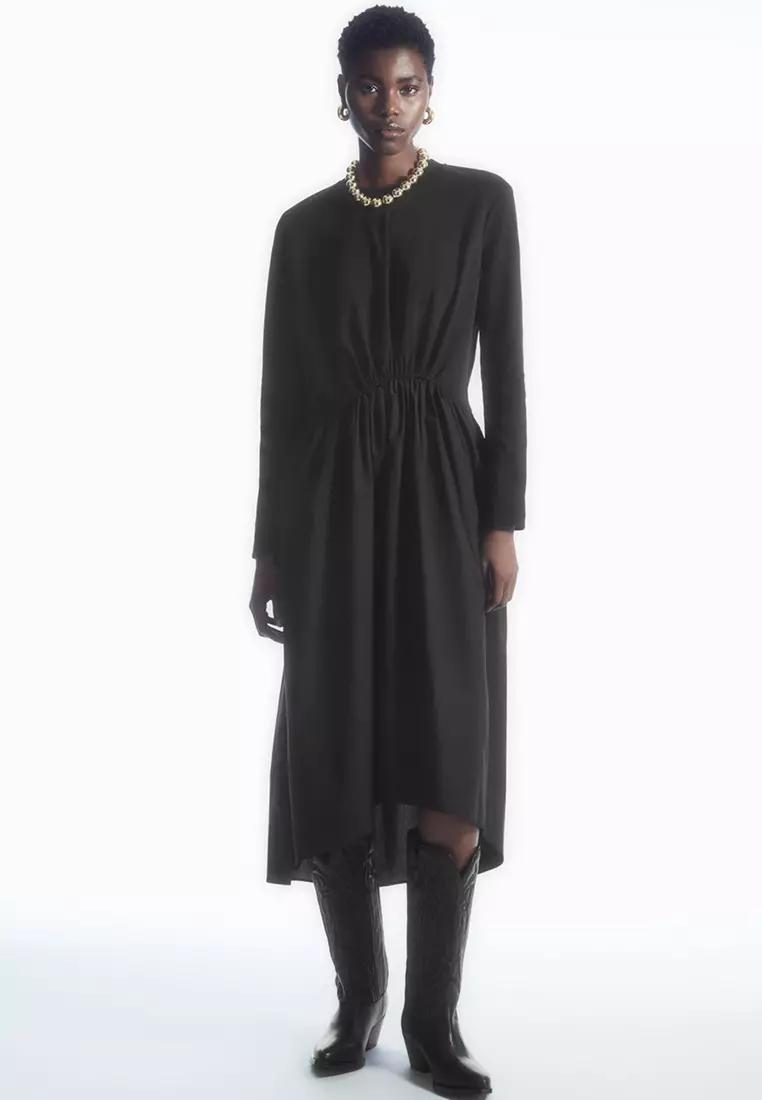 Dresses  Womens COS GATHERED-WAIST MIDI DRESS BLACK ~ Theatre