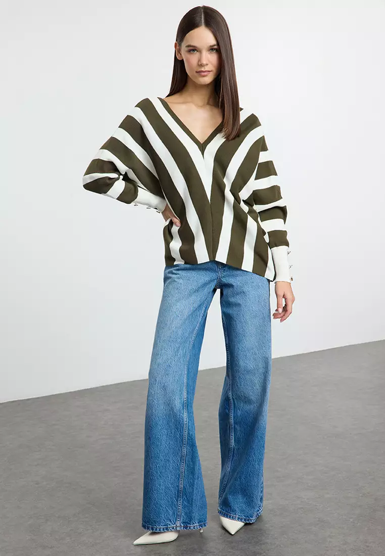 Green Deep V Neck Striped Knitwear Sweater