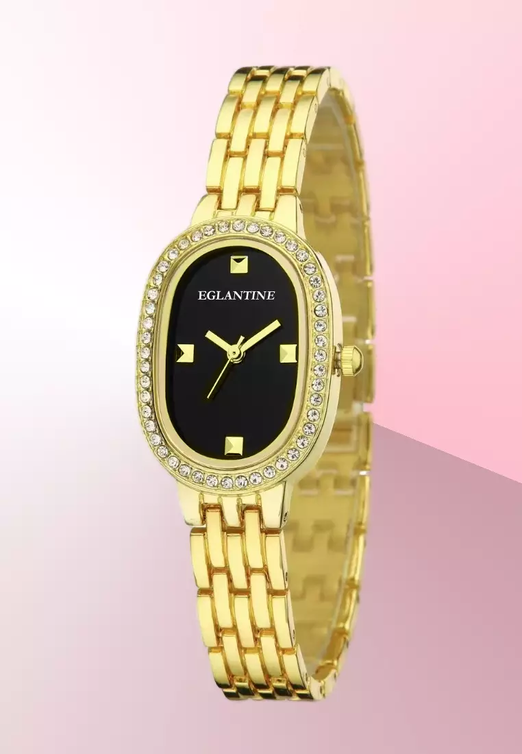 La Niçoise Ladies Gold Color Alloy Quartz Watch, Black Dial, Gold Colored Finished Stainless Steel Bracelet