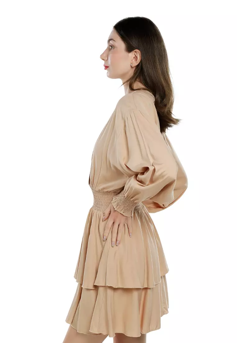 boho maxi dress short sleeve Beige Midi Dress Long Sleeve Round Neck Raglan Two-tone main image 1
