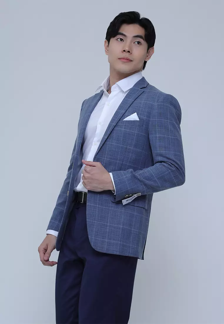 Light Blue Check Blazer Jacket with Stretch
