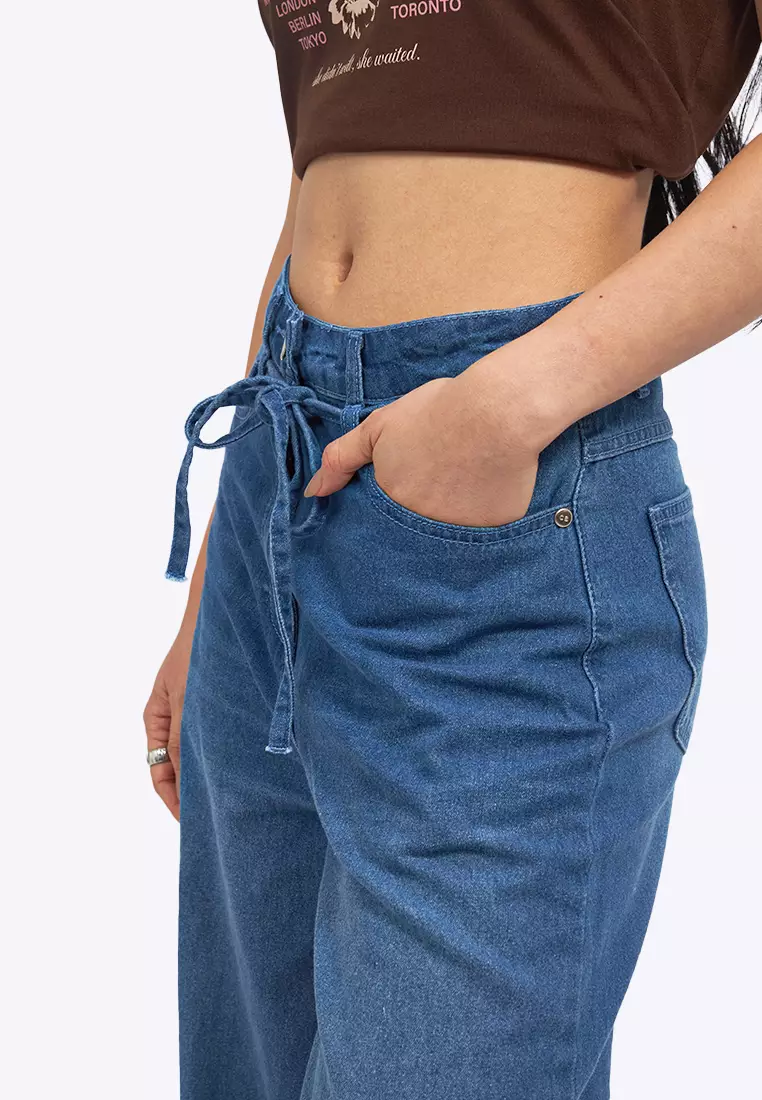 Wide Leg Denim Pants with Belt