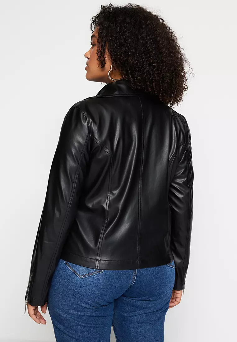 Plus Size Faux Leather Biker Jacket with Pocket