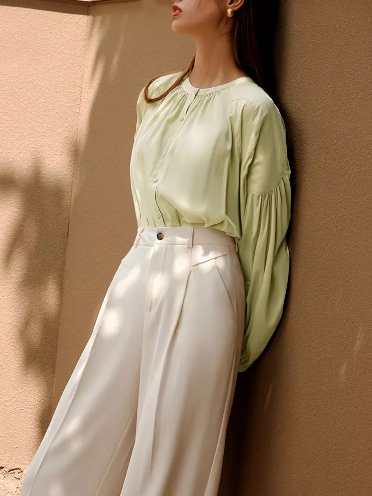 Drop Shoulder Ruched Puff Sleeve Open-Front Shirt [AB19026]