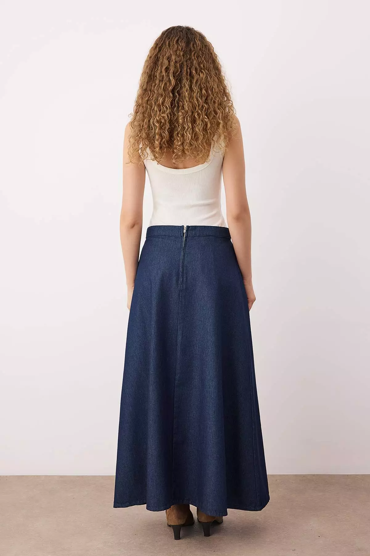 Dark Blue Flounce Maxi Denim Skirt