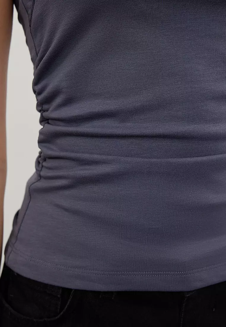 Gray Plain Square Neck Strappy Gathered Fitted Flexible Knitted Blouse