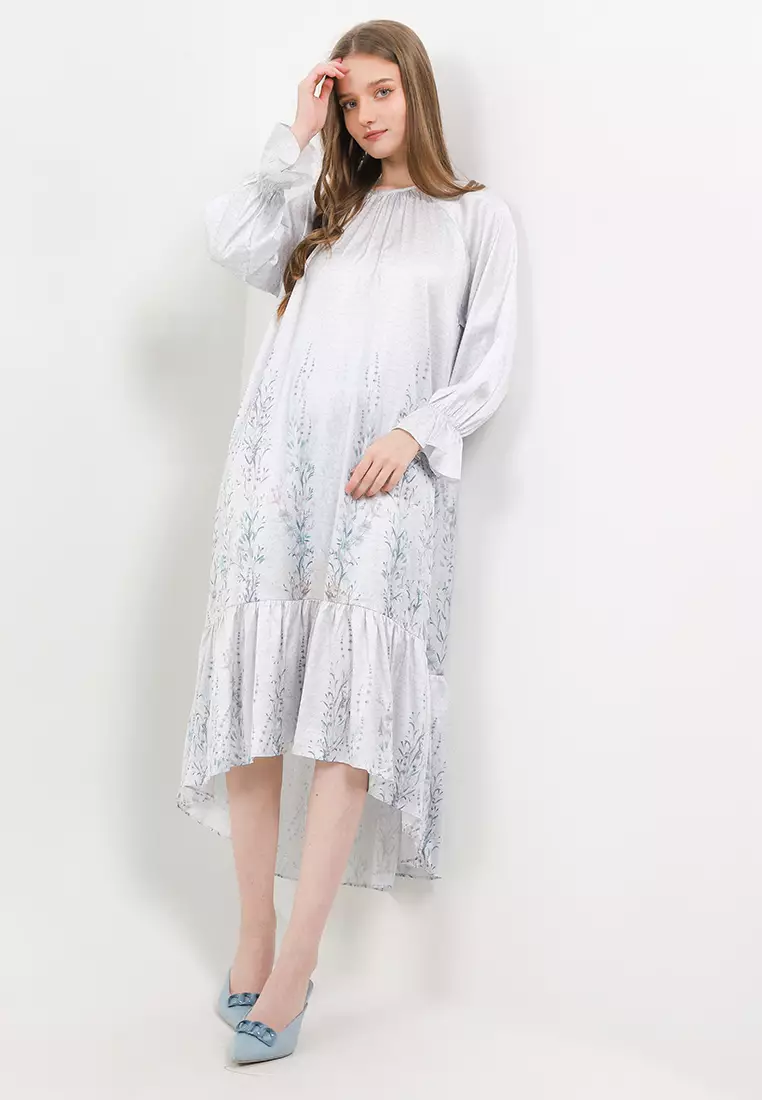 Ruffle Hem Printed Sateen Maxi Dress