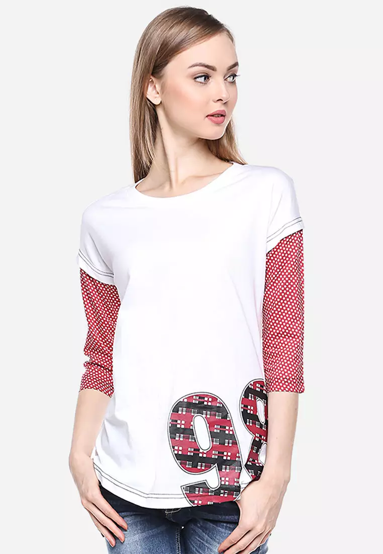 LGS - Regular Fit - Kaos Wanita - Putih - Lengan Polkadot