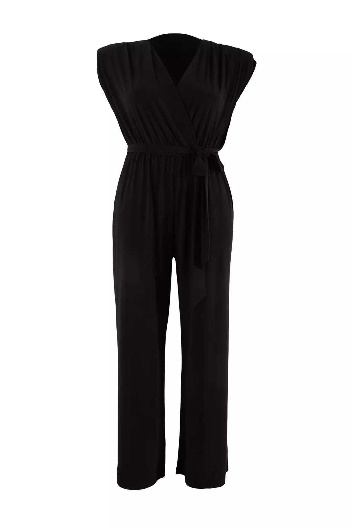 Black V-Neck Belted Knitted Plus Size Jumpsuit Tbbss26Bg00011