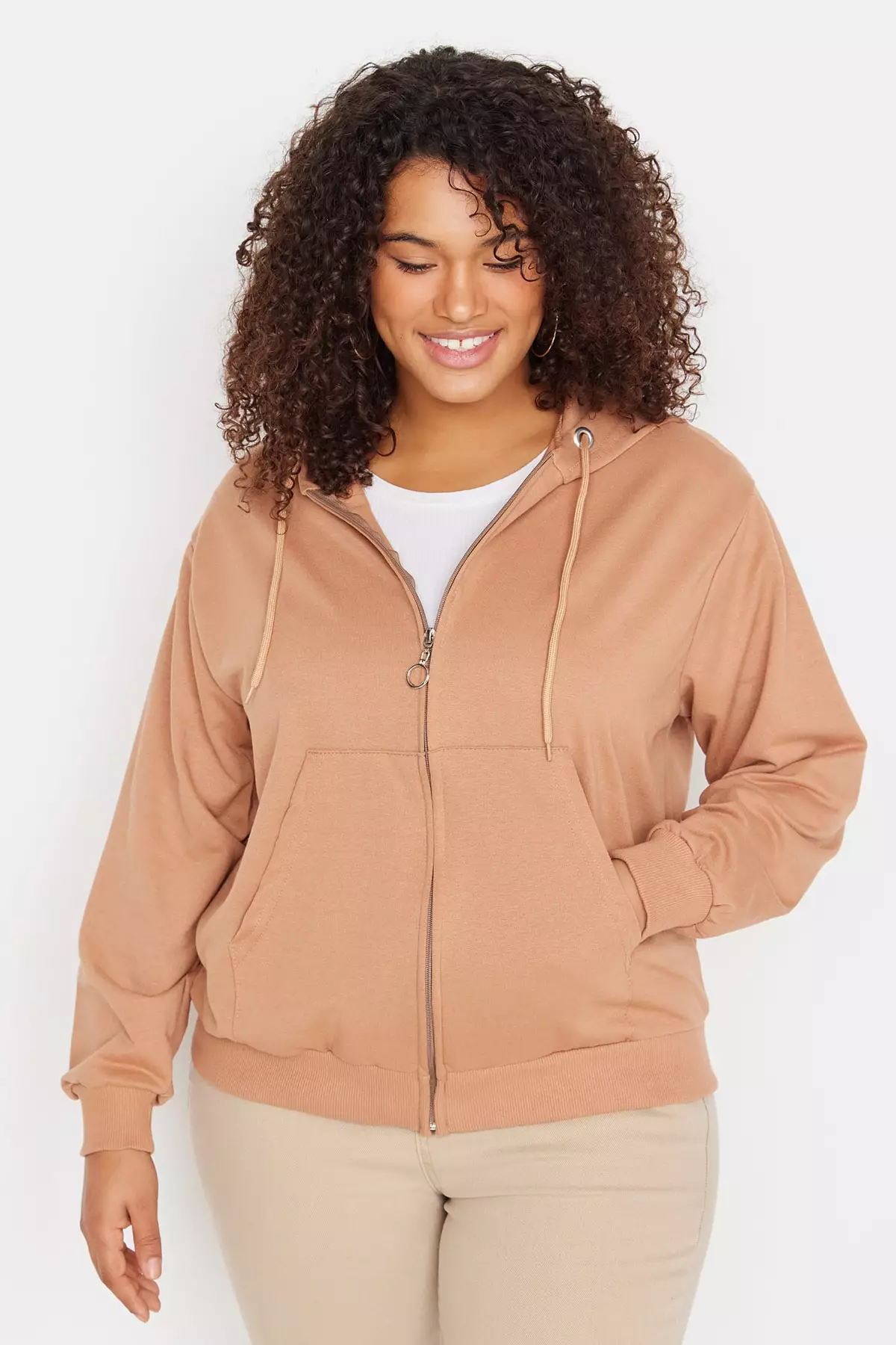 Buy Trendyol Plus Size Mink Hooded Basic Thin Knitted Sweatshirt