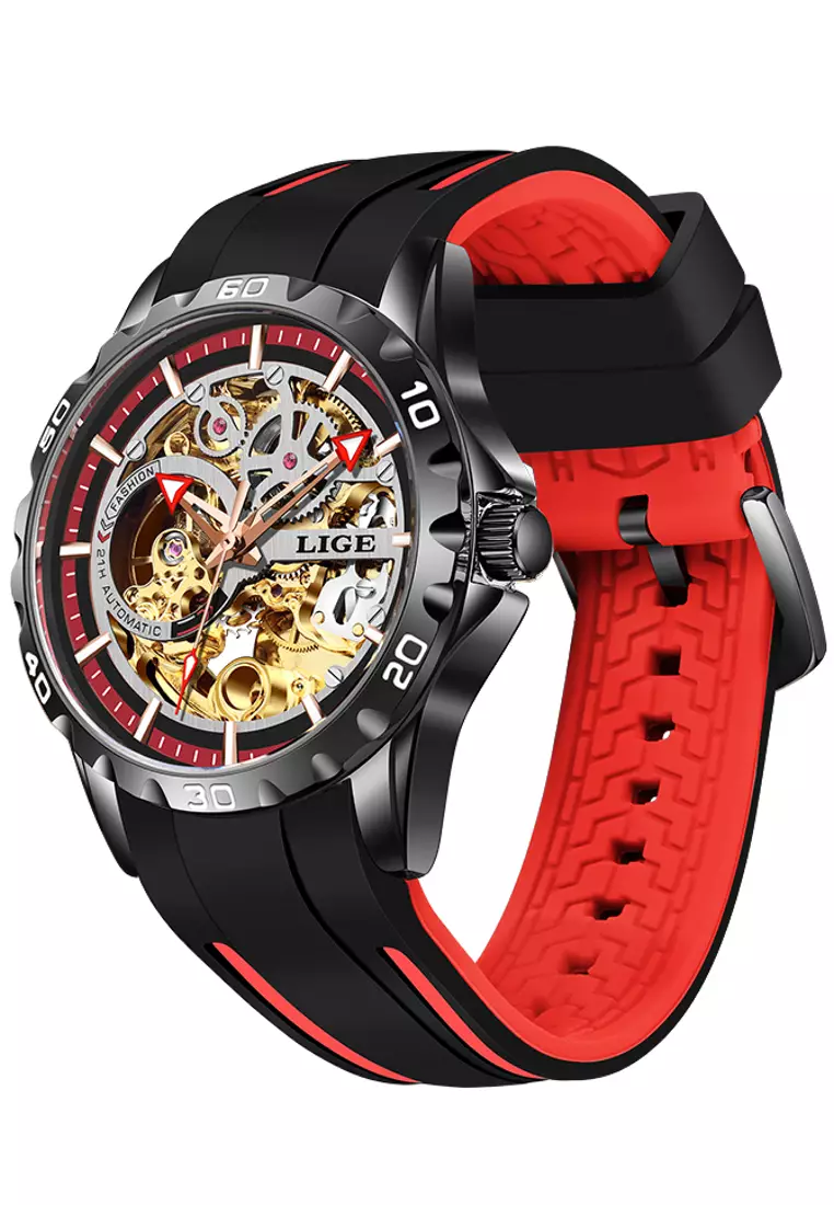 LIGE自動中性煙道的IP黑色不銹鋼自動舞表，透明錶盤，橡膠錶帶