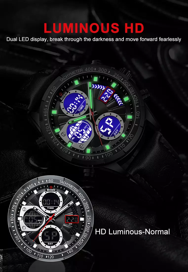 Jam Tangan Pria Original Multifungsi Analog&Digital Tali Kulit Olahraga Anti Air Jam Tangan Cowok allblack