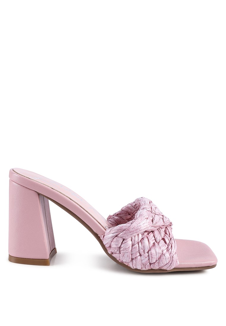 Pink Braided Raffia Block Heel
