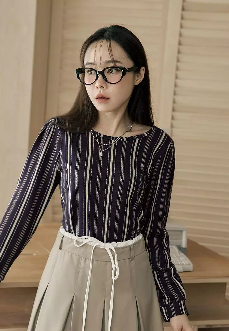 Back Zip Striped Long Sleeve Top [AB16399]